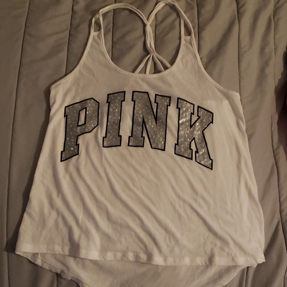 RARE! PINK Victoria's Secret White Tank with Glitter Logo - Picture 2 of 4